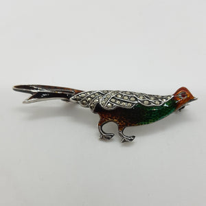 Antique Sterling Silver Enamel  Marcasite Pheasant Brooch