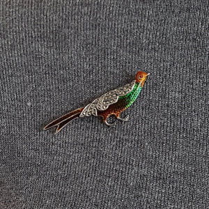 Antique Sterling Silver Enamel  Marcasite Pheasant Brooch