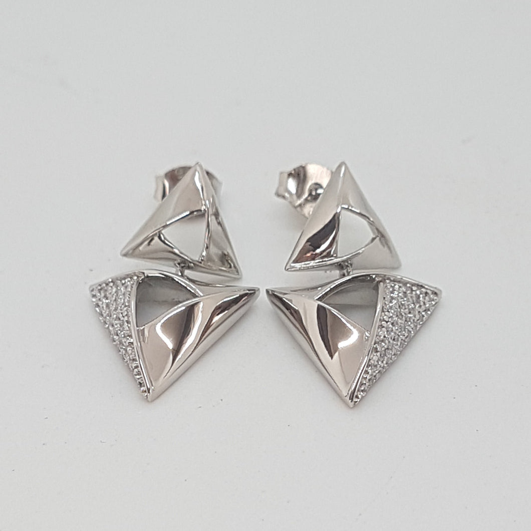 Sterling Silver and CZ Double Triangle Drop Earrings