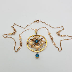 Antique 9ct Gold Turquoise Pendant and Chain