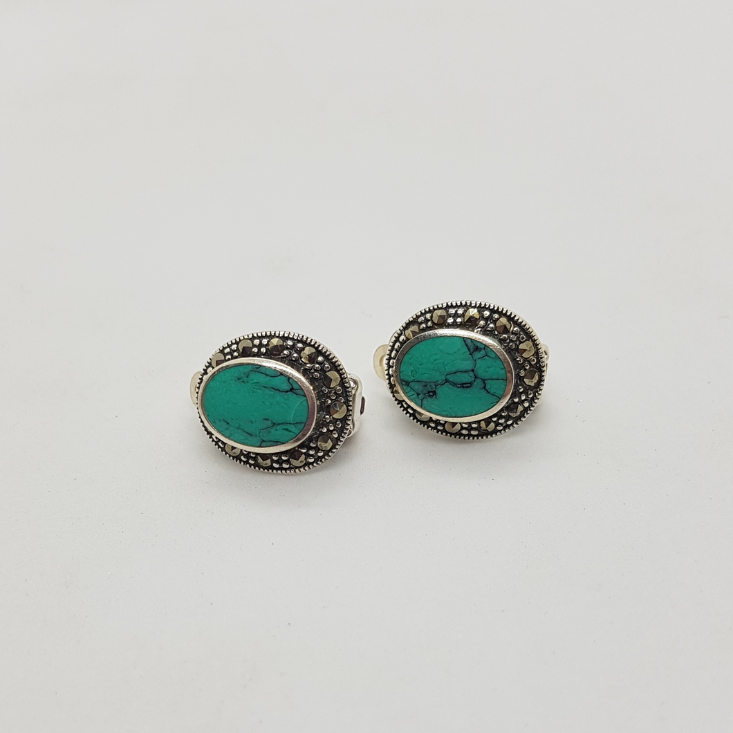 Sterling Silver Marcasite Turquoise Clip-On Earrings