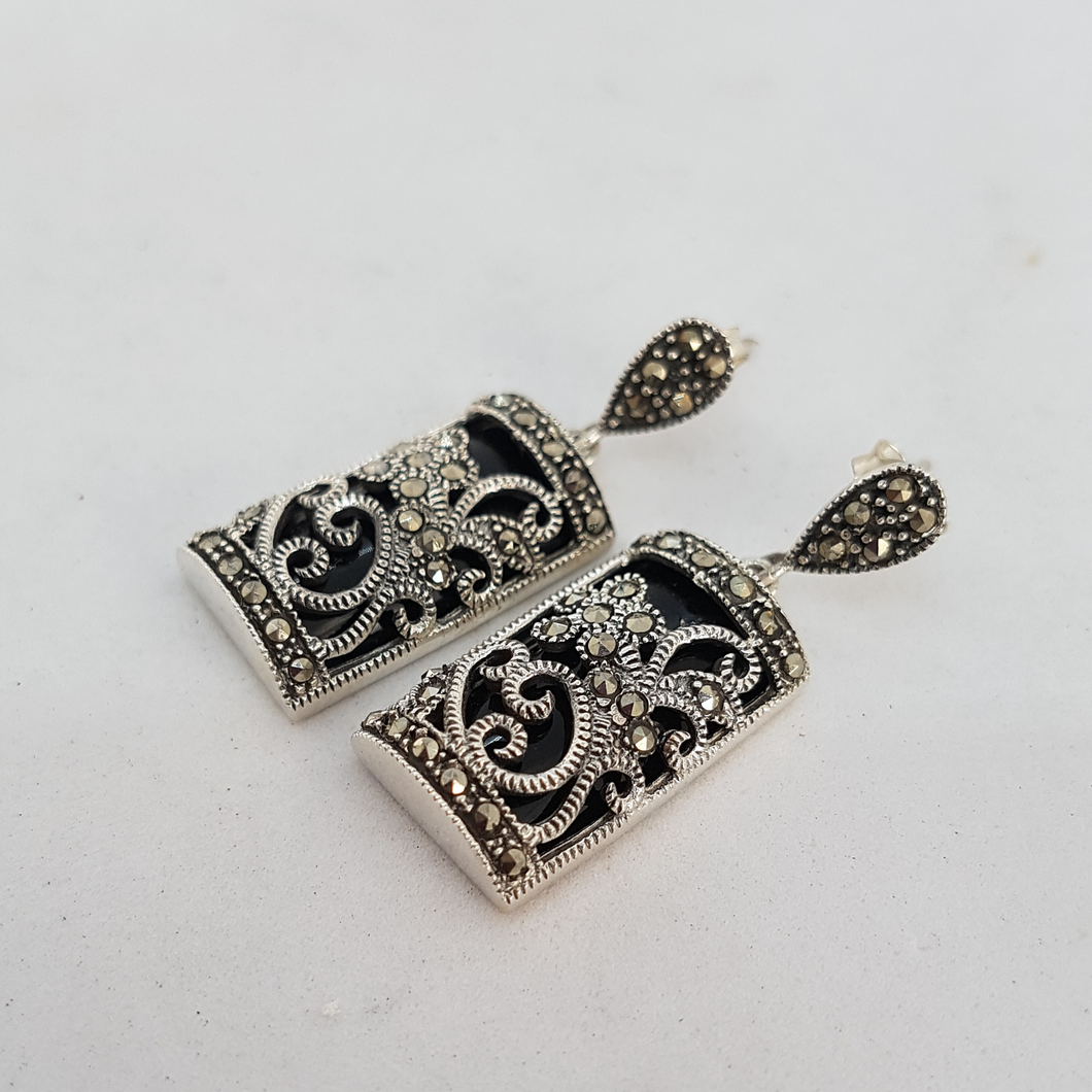 Sterling Silver Black Onyx and Marcasite Earrings