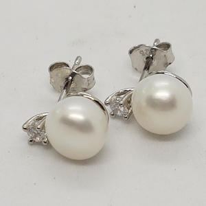 Sterling Silver Freshwater Pearl and CZ Stud Earrings