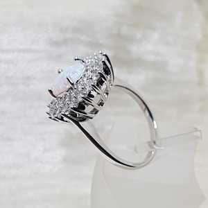 Sterling Silver Oval White Opal CZ Cluster Ring