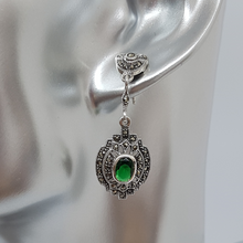 Load image into Gallery viewer, Sterling Silver Green Stone and Marcasite Drop Earrings
