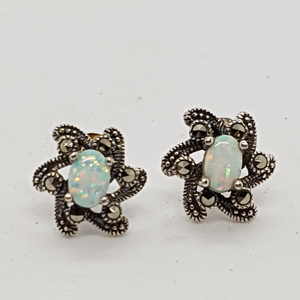 Sterling Opal and Marcasite Stud Earrings