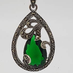 Sterling Silver Green Stone and Marcasite Pendant