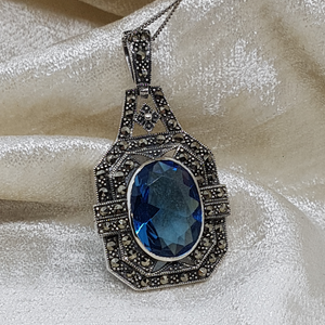 Sterling Silver Blue Stone and Marcasite Pendant