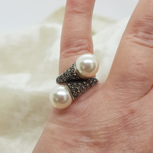 Load image into Gallery viewer, Sterling Silver Marcasite and Pearl Twist Ring
