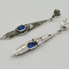 Load image into Gallery viewer, Sterling Silver Blue Stone Marcasite Art Deco Style Earrings
