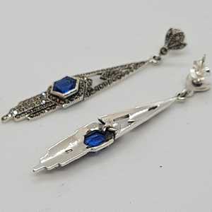 Sterling Silver Blue Stone Marcasite Art Deco Style Earrings