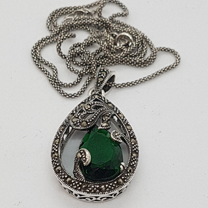 Sterling Silver Green Stone and Marcasite Pendant