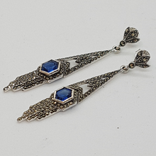 Load image into Gallery viewer, Sterling Silver Blue Stone Marcasite Art Deco Style Earrings
