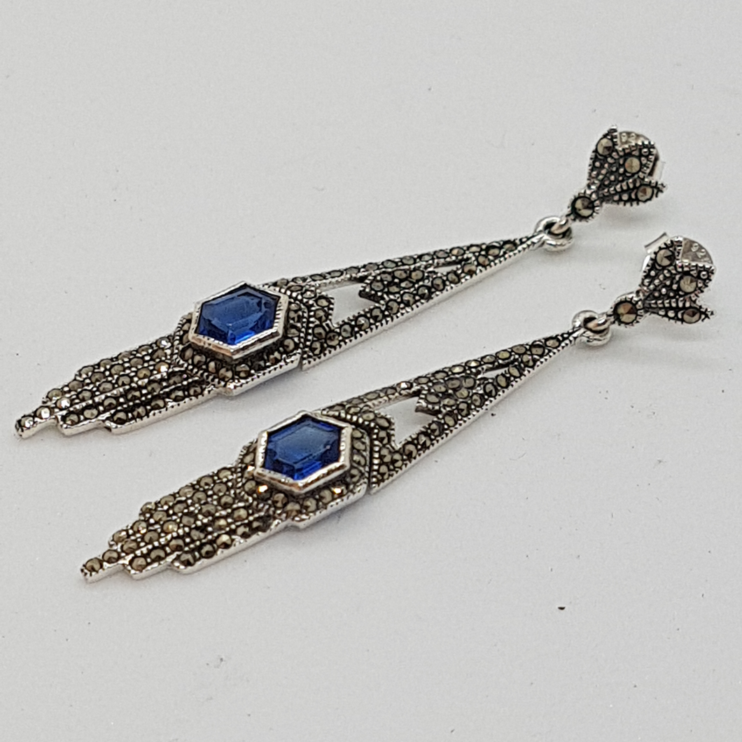 Sterling Silver Blue Stone Marcasite Art Deco Style Earrings