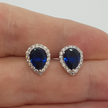 Load image into Gallery viewer, Sterling Silver Sapphire and White CZ Pear Cut Stud Earrings
