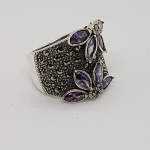 Sterling Silver Purple Stone and Marcasite Ring