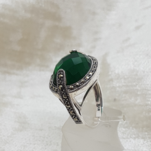 Load image into Gallery viewer, Sterling Silver Green Stone and Marcasite Dress Ring
