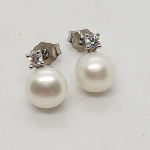 Sterling Silver Freshwater Pearl and CZ Stud Earrings