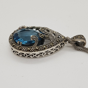 Sterling Silver Blue Stone and Marcasite Pendant