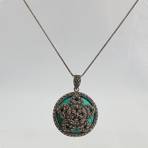 Sterling Silver Marcasite and Turquoise Floral Pendant