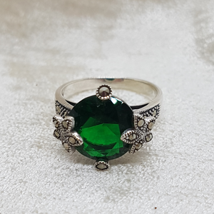 Sterling Silver Green Stone Marcasite Ring