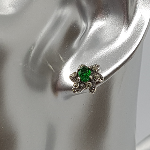 Sterling Silver Green Stone and Marcasite Stud Earrings