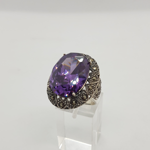 Sterling Silver Purple Stone and Marcasite Ring