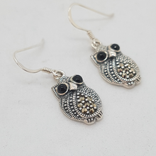 Load image into Gallery viewer, Sterling Silver Marcasite and Black Onyx Owl Earrings
