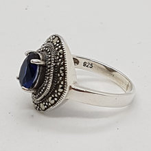 Load image into Gallery viewer, Sterling Silver blue Stone Marcasite Ring
