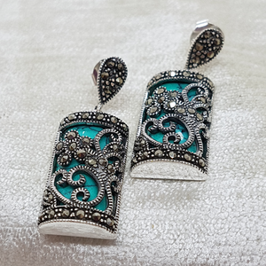 Sterling Silver Marcasite and Turquoise Drop Earrings