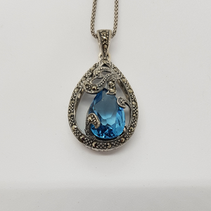 Sterling Silver Blue Stone and Marcasite Pendant