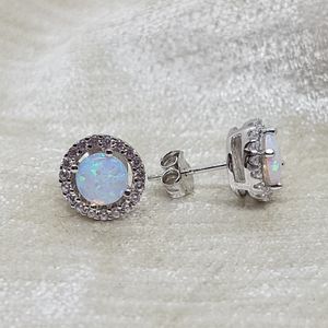 Sterling Silver Opal and CZ Stud Earrings