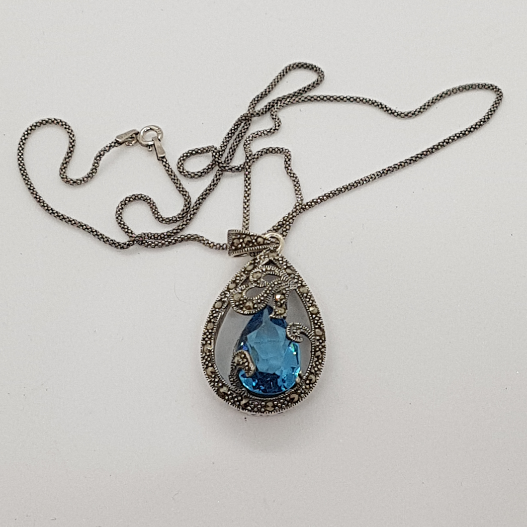 Sterling Silver Blue Stone and Marcasite Pendant