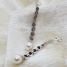 Load image into Gallery viewer, Sterling Silver Faux Pearl and Marcasite Drop Earrings
