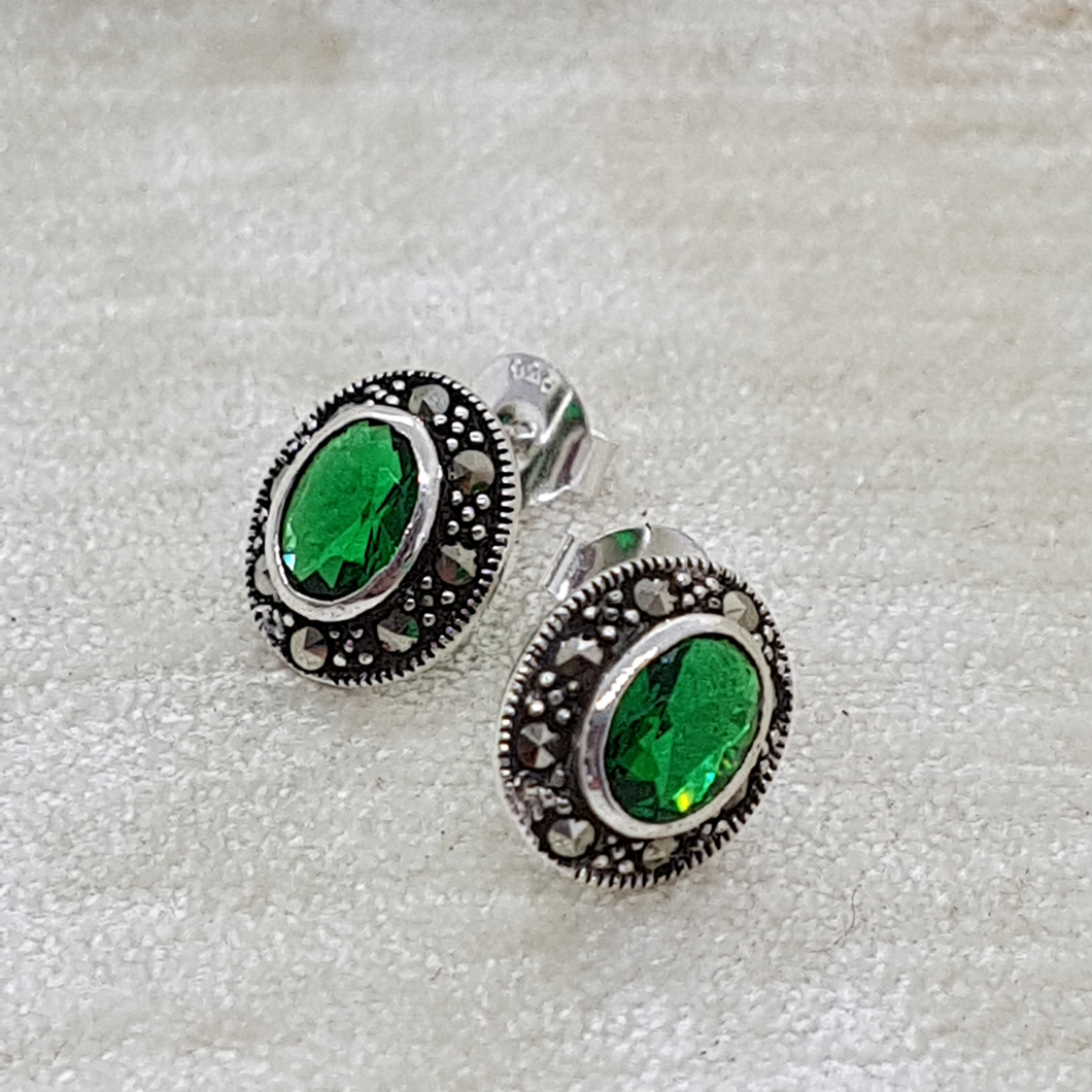 Sterling Silver Marcasite Green Stone Earrings