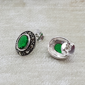 Sterling Silver Marcasite Green Stone Earrings