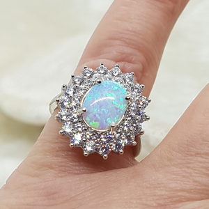 Sterling Silver Oval White Opal CZ Cluster Ring