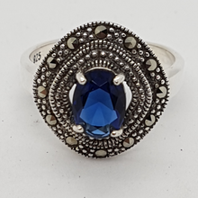 Load image into Gallery viewer, Sterling Silver blue Stone Marcasite Ring
