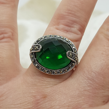 Load image into Gallery viewer, Sterling Silver Green Stone and Marcasite Dress Ring
