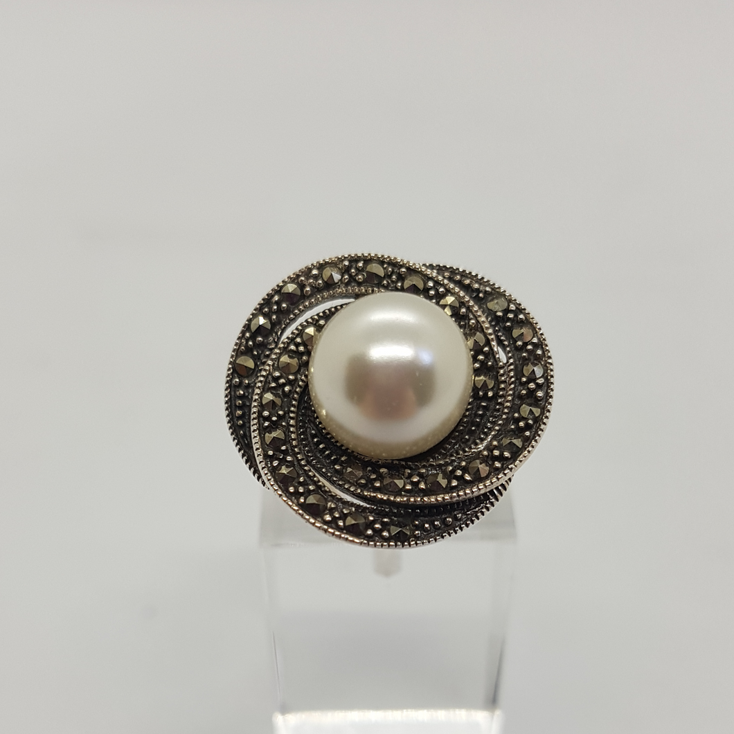 Sterling Silver Marcasite and Pearl Ring