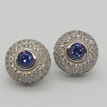 Load image into Gallery viewer, Sterling Silver Round Sapphire and White CZ Stud Earrings
