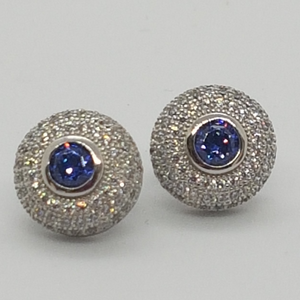 Sterling Silver Round Sapphire and White CZ Stud Earrings