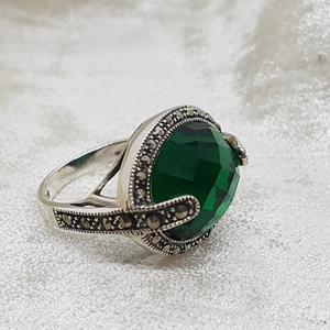 Sterling Silver Green Stone and Marcasite Dress Ring