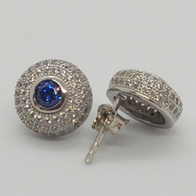 Load image into Gallery viewer, Sterling Silver Round Sapphire and White CZ Stud Earrings
