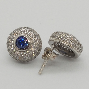 Sterling Silver Round Sapphire and White CZ Stud Earrings