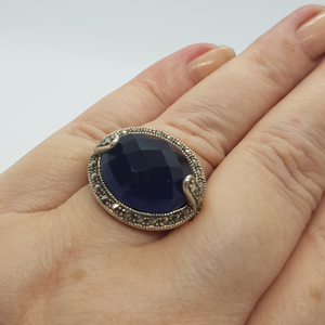 Sterling Silver Blue Stone Marcasite Ring