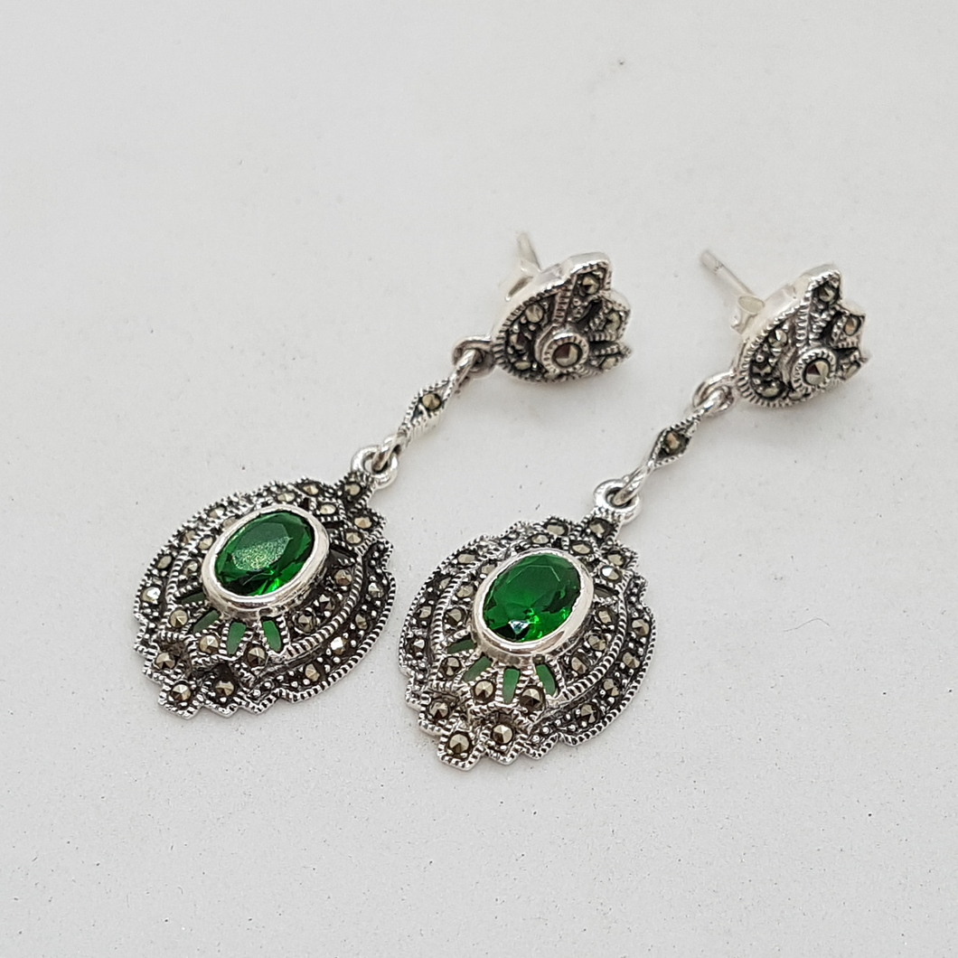 Sterling Silver Green Stone and Marcasite Drop Earrings