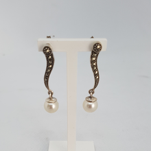 Load image into Gallery viewer, Sterling Silver Marcasite and Faux Pearl Earrings
