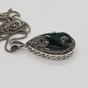 Sterling Silver Green Stone and Marcasite Pendant