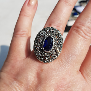 Sterling Silver Blue Stone Marcasite Ring